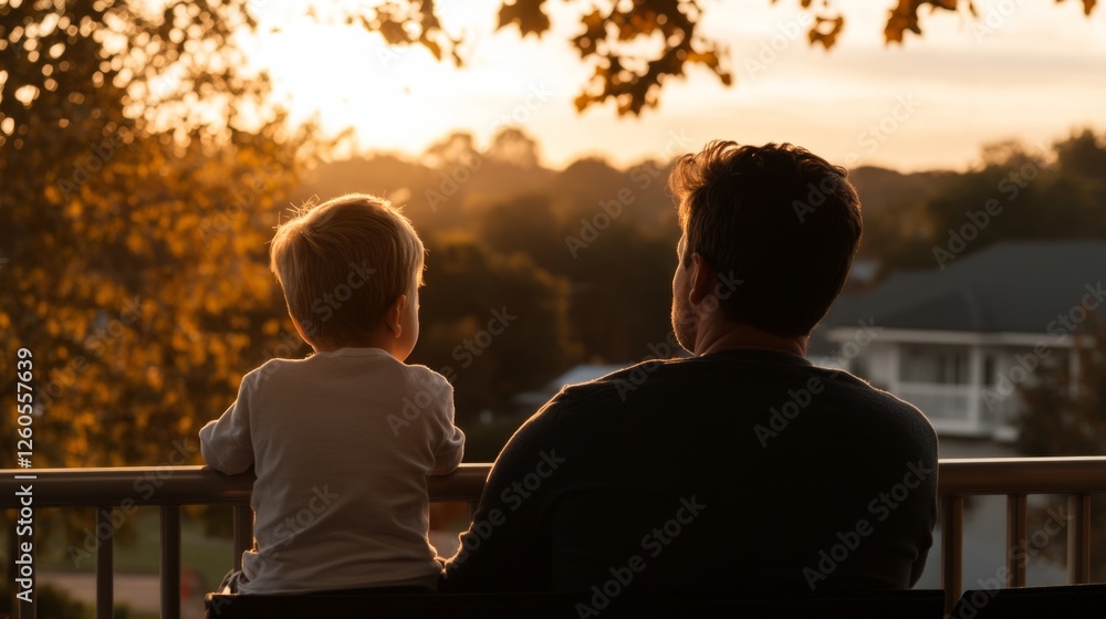 A father and his young son sit together on a balcony, watching a golden sunset over a suburban neighborhood, sharing a peaceful moment A father and his young son sit together on a balcony, watching a golden sunset over a suburban neighborhood, sharing a peaceful moment