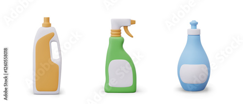 Color icons of detergent bottles. Isolated templates of different types. Blank labels, place for inscription, logo. Vector packaging, cleaning products. Templates for store, cleaning business