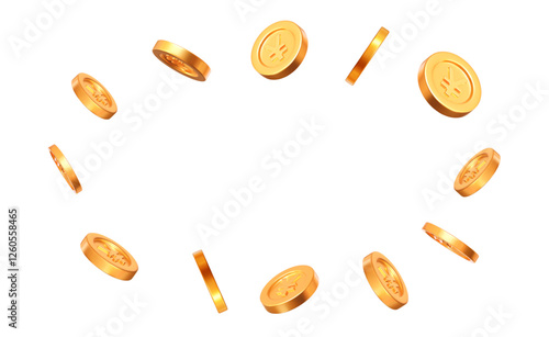 3d flying golden Japan Yen coins with different angles. Stock vector illustration on isolated background.	