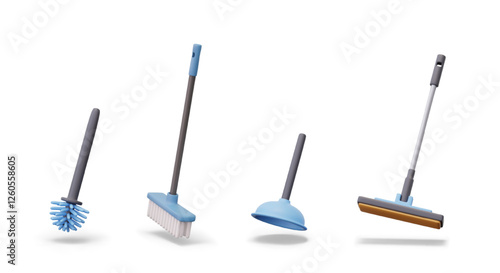 Set of realistic cleaning tools. Plunger, toilet brush, broom, mop. Isolated elements on white background. Different types of cleaning in bathroom, kitchen, toilet