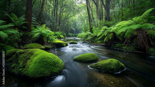 Serene Lush Green Rainforest Stream in Untouched Wilderness