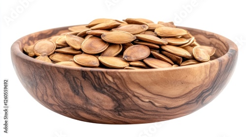 Pile of pumpkin seeds in wooden bowl, isolated white background, healthy snack, food photography photo