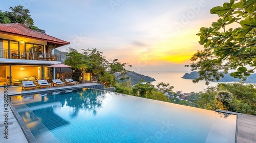 Hillside villa infinity pool sunset ocean view
