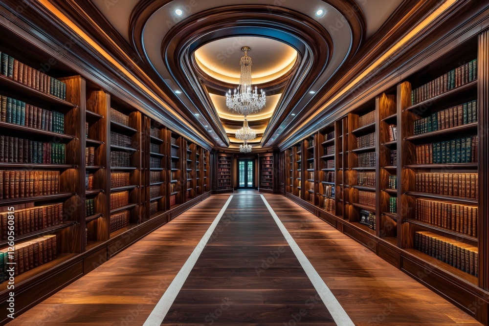 Fototapeta premium Luxurious Private Library with Dark Mahogany Shelves and Chandelier