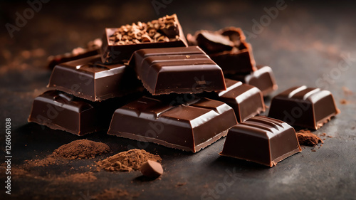a bar of dark chocolate, with some loose pieces of chocolate and cocoa powder nearby