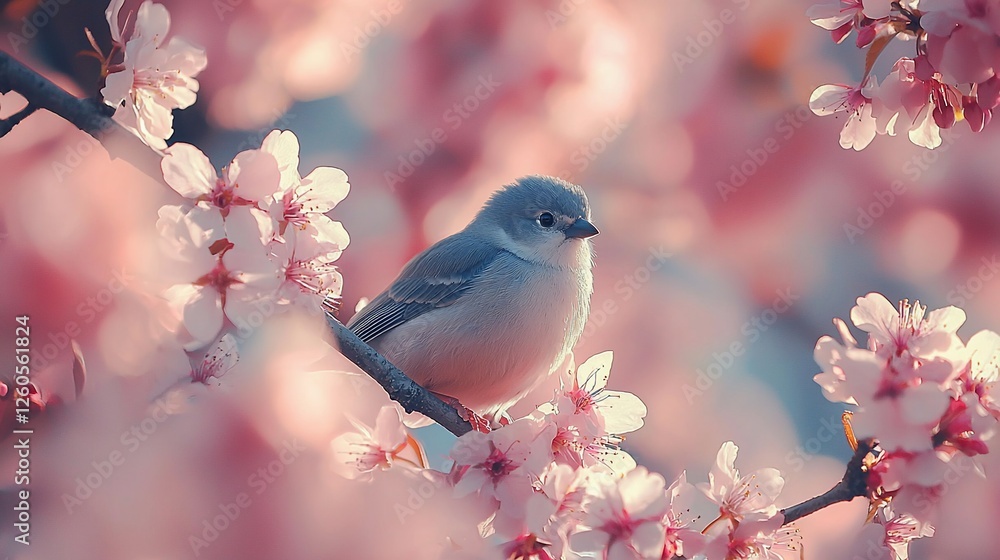 Bird perched on cherry blossom branch, spring garden, soft sunlight Bird perched on cherry blossom branch, spring garden, soft sunlight