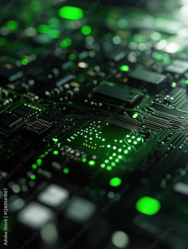 Close-Up of Green Light on Graphics Card Highlighting Intricate Circuitry Close-Up of Green Light on Graphics Card Highlighting Intricate Circuitry