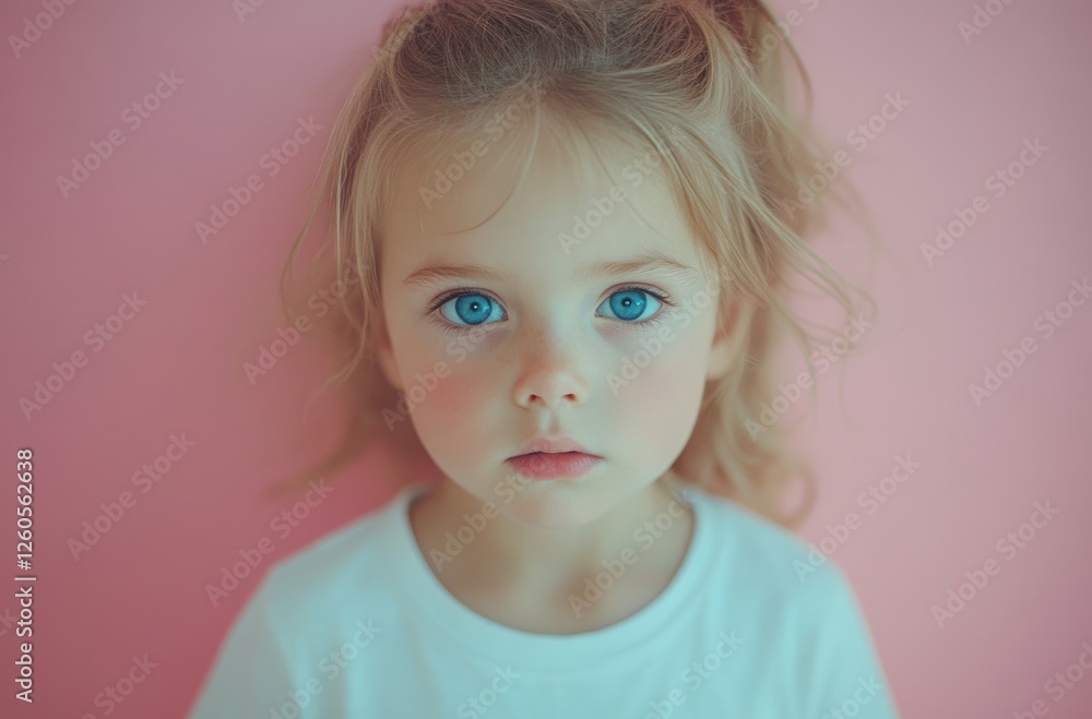 Gazing with calm blue eyes, a young girl with freckles is framed by a soft pink and blue neon fluorescent gradient, creating a gentle feel. Gazing with calm blue eyes, a young girl with freckles is framed by a soft pink and blue neon fluorescent gradient, creating a gentle feel.