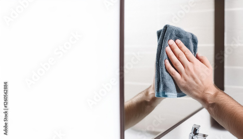 person's hand cleaning a mirror with a soft gray cloth photo