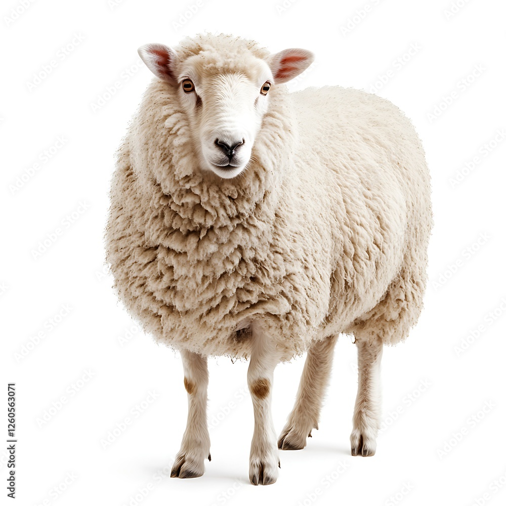 Fluffy sheep standing, white background, farm animal Fluffy sheep standing, white background, farm animal