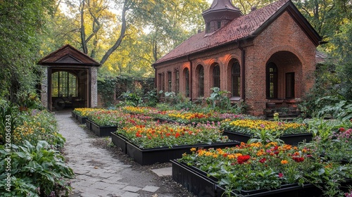 Wallpaper Mural Captivating Garden Landscape: A Picturesque Brick Building Amidst Blooming Flowers and Lush Greenery Torontodigital.ca