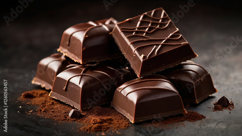 a bar of dark chocolate, with some loose pieces of chocolate and cocoa powder nearby