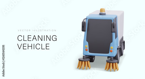 Cleaning vehicle. Car with brushes for cleaning streets and floors. Modern special equipment, professional transport. Vector realistic model, front view