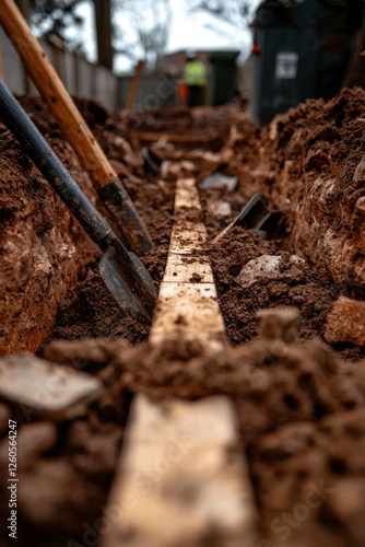 Wallpaper Mural Digging trench for pipes with shovels, home improvement, repair background Torontodigital.ca