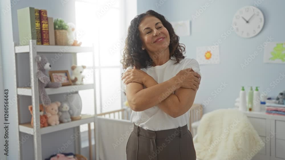 Woman radiating self love, middle age hispanic female standing happy and confident, hugging herself and smiling in a positive baby room setting Woman radiating self love, middle age hispanic female standing happy and confident, hugging herself and smiling in a positive baby room setting