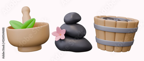 3D mortar with pestle and herbs, stack of black stones for hot massage, wooden bath