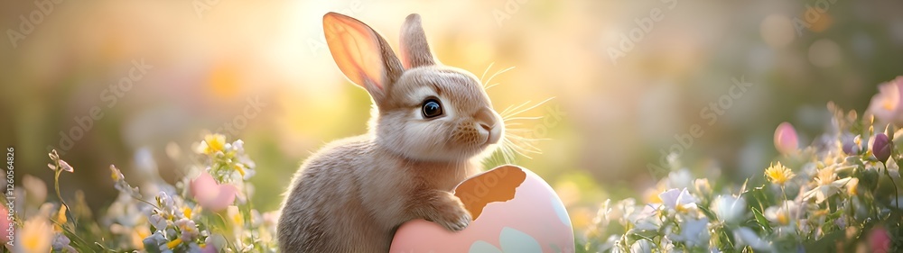 Fototapeta premium Cute Easter bunny hatching from egg