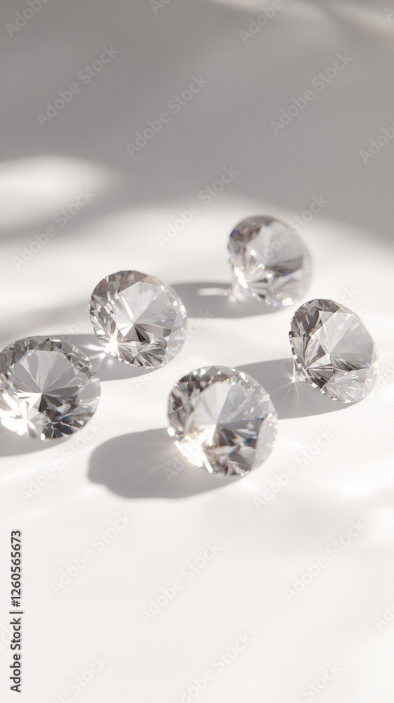 Sparkling diamonds on white surface with pristine clarity and elegance Sparkling diamonds on white surface with pristine clarity and elegance