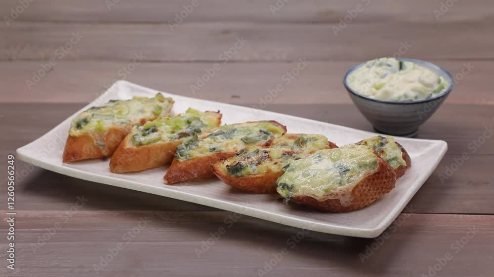 Crispy and appetizing baguette topped with green onions on a plate Crispy and appetizing baguette topped with green onions on a plate