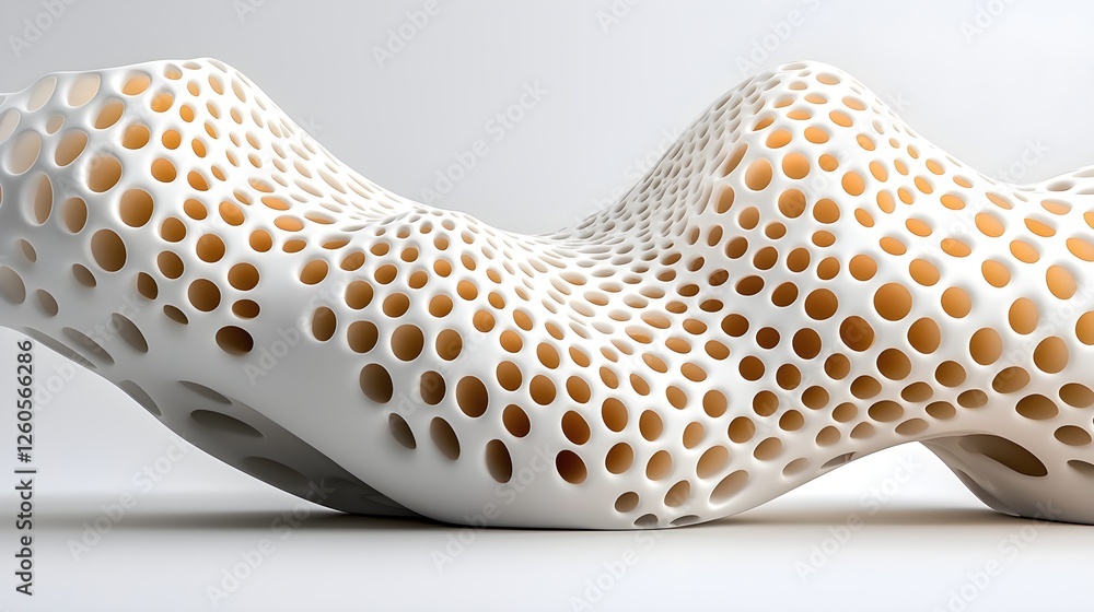 Fototapeta premium Abstract sculpture featuring a smooth, porous surface with numerous holes, showcasing an innovative design that merges art and technology.