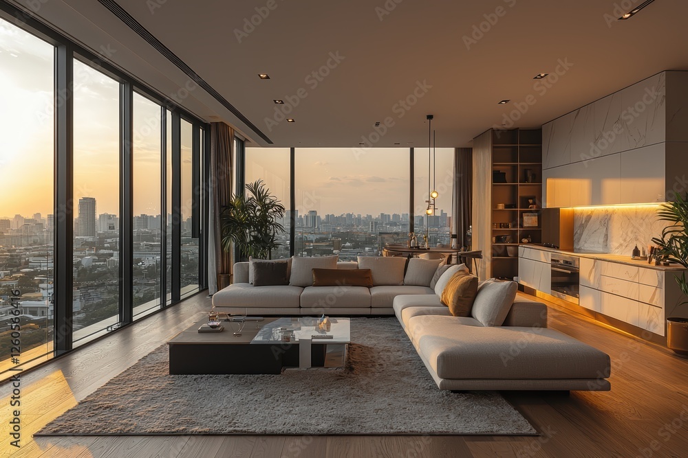 Fototapeta premium Luxury penthouse living room with sleek glass views urban cityscape contemporary design sunset glow modern style