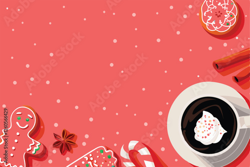 Warm, inviting image of freshly baked gingerbread cookies, candy canes, and a steaming mug of hot chocolate.  Focus on cozy winter vibes.