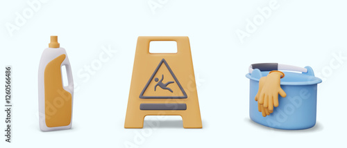 Large detergent bottle, slippery floor warning sign, plastic bucket with rubber gloves. Set of colored elements for wet cleaning concepts. Icons for store