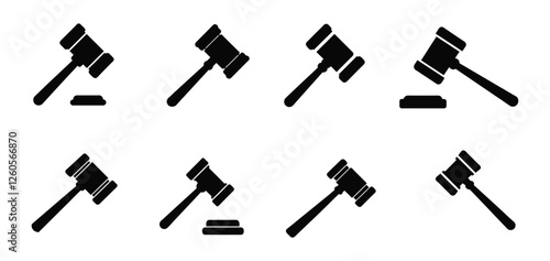 Gavel icon set. Judge gavels collection flat icon. Auction hammer icon. Gavel icon in different style. Court tribunal symbol. Vector illustration