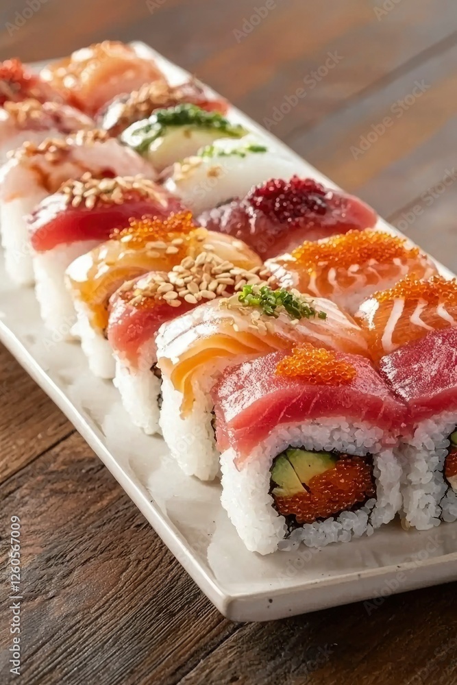 Sushi Platter on wood background, showcase. Food photography for a restaurant menu Sushi Platter on wood background, showcase. Food photography for a restaurant menu