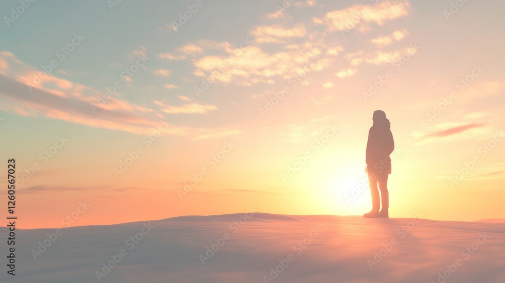 Solitary Figure Contemplates a Serene Sunrise in a Minimalist Landscape Solitary Figure Contemplates a Serene Sunrise in a Minimalist Landscape
