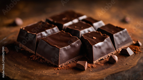 a bar of dark chocolate, with some loose pieces of chocolate and cocoa powder nearby
