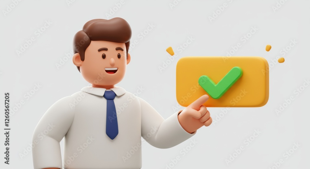 3D Cartoon Vector Illustration of a Person Celebrating Task Completion with a Check Mark Button, Emphasizing Time Management in Business Assignments 3D Cartoon Vector Illustration of a Person Celebrating Task Completion with a Check Mark Button, Emphasizing Time Management in Business Assignments