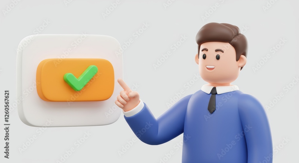 3D Cartoon Vector Illustration of a Person Celebrating Task Completion with a Check Mark Button, Emphasizing Time Management in Business Assignments 3D Cartoon Vector Illustration of a Person Celebrating Task Completion with a Check Mark Button, Emphasizing Time Management in Business Assignments