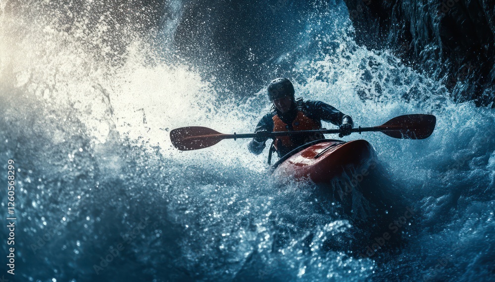 Fototapeta premium Man kayaks through intense whitewater rapids with skill and speed