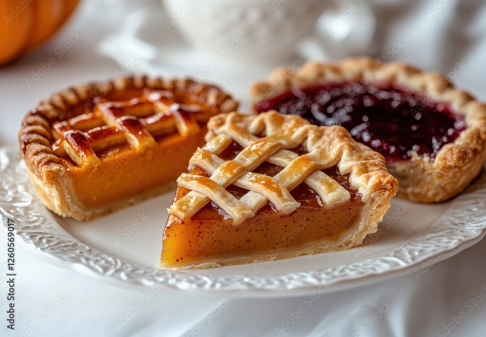 Delightful Fall Desserts Featuring Slice of Pumpkin Pie and Tarts with Lattice Crusts on Elegant Plate Surrounded by Soft White Fabric Delightful Fall Desserts Featuring Slice of Pumpkin Pie and Tarts with Lattice Crusts on Elegant Plate Surrounded by Soft White Fabric