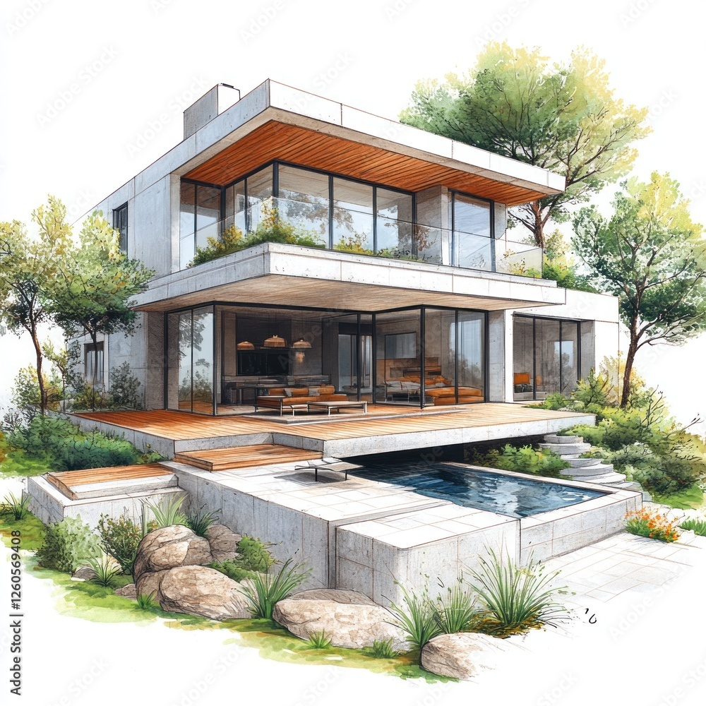Fototapeta premium Modern house sketch with trees, showcasing conceptual architectural design.