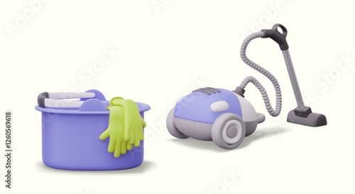 Plastic bucket with rubber gloves, vacuum cleaner. Set of vector objects for indoor cleanup concepts. Detailed templates for housework, cleaning service