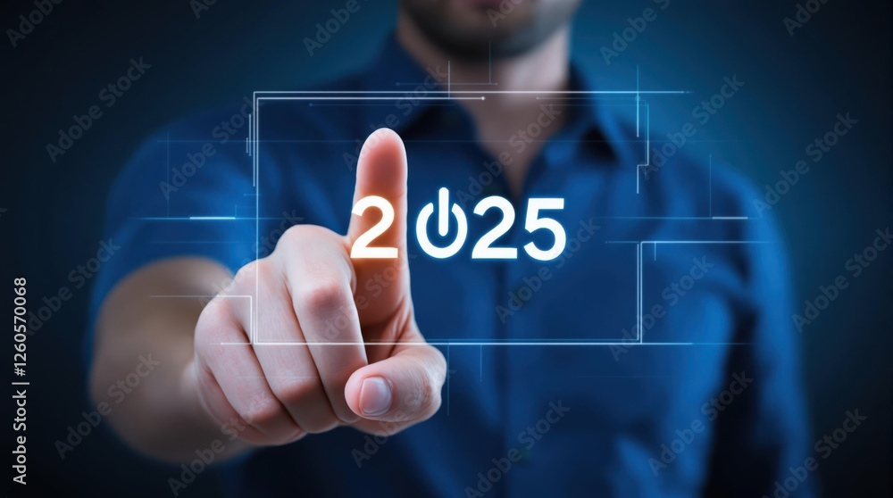 Businessman's hand pressing virtual button on touch screen with number 2025 Businessman's hand pressing virtual button on touch screen with number 2025