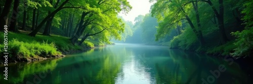 Dense foliage surrounds the river's tranquil waters, greenery, river