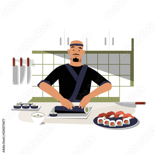 Male Sushi Chef Preparing Sushi Rolls in Flat Vector Illustration Symbolizing Japanese Cuisine, Culinary Skills, and Traditional Cooking, Isolated on White Background