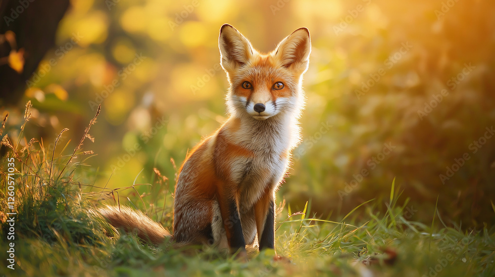 Obraz premium Majestic red fox in golden sunlight, sitting gracefully in a lush forest, perfect for wildlife blogs, nature photography websites, and environmental awareness campaigns