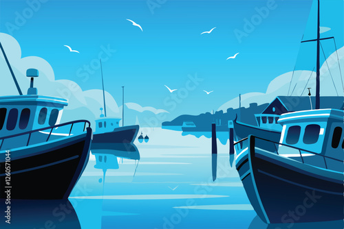 Serene harbor scene; boats gently bobbing, tranquil water reflecting vibrant sky and cityscape.  Misty atmosphere adds mystery.