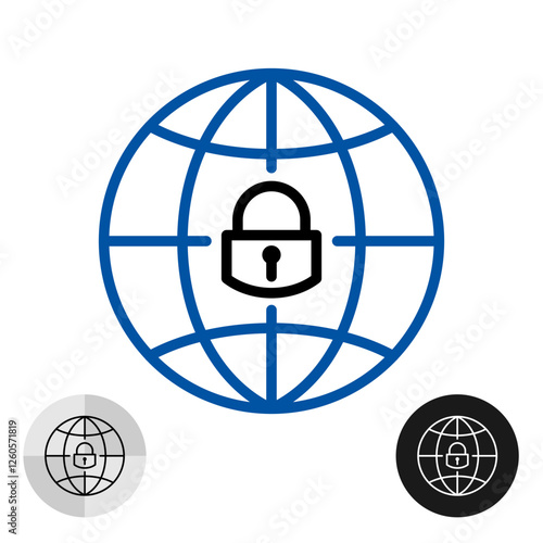 Globe with locked padlock line icon. No internet data connection sign. Offline symbol. Blue and white globe with a lock on it. Blue outline style border. Editable stroke.