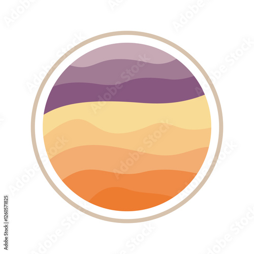 Desert sand waves in a round frame logo. Colorful circle with a wave pattern. The colors are orange, yellow, and purple. The circle is round and has a smooth texture.