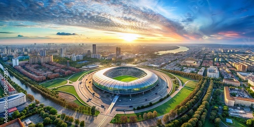 Rostov-on-Don Aerial Panorama: Summer Cityscape & Stadium View from Drone, Tilt-Shift Effect photo