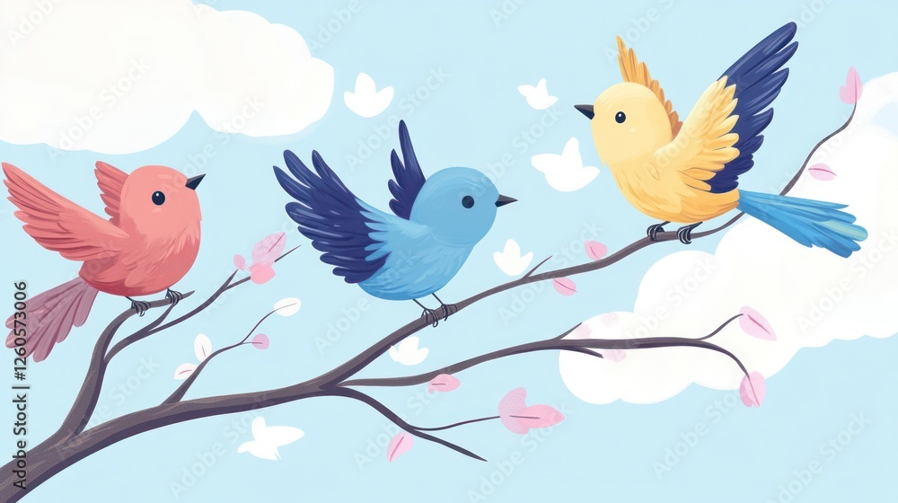 Three colorful birds perching on a blooming branch against a light blue sky Three colorful birds perching on a blooming branch against a light blue sky