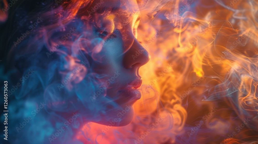 Fototapeta premium A person gazes at colorful smoke, symbolizing creativity and innovative thinking in task management.
