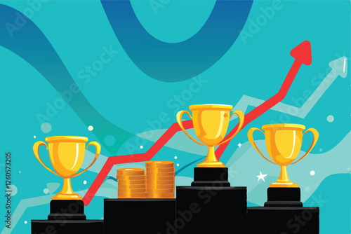 Create vibrant icons representing success gleaming trophies, stacks of gold coins, upward trending graphs, and a flourishing plant.