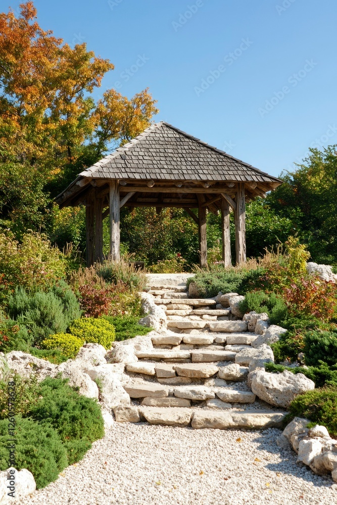 Wooden gazebo sits atop stone steps in a lush botanical garden for relaxation Wooden gazebo sits atop stone steps in a lush botanical garden for relaxation