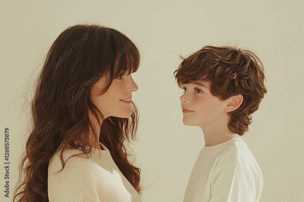 A smiling young mother and her young son touching their noses A smiling young mother and her young son touching their noses